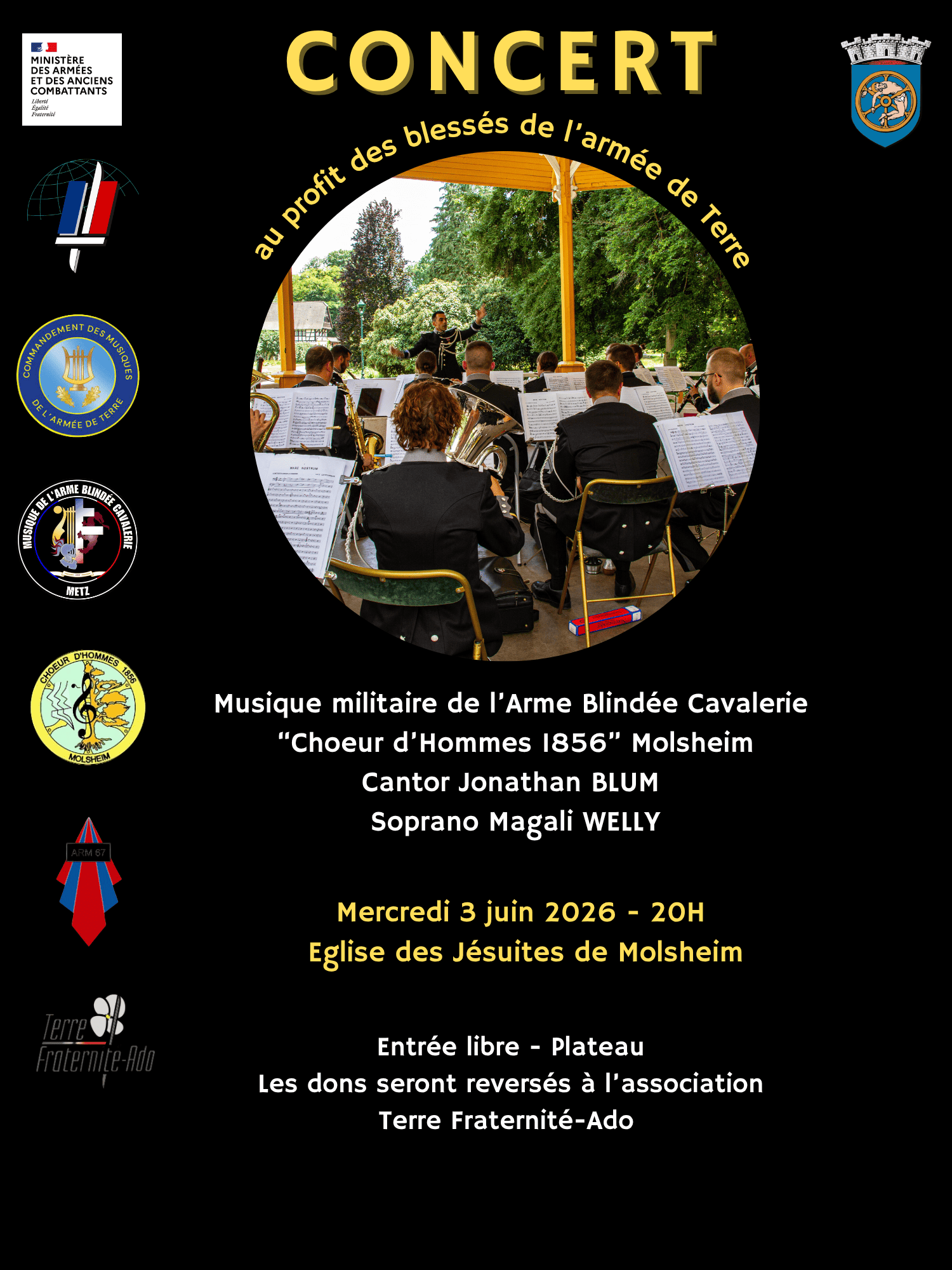 Affiche officielle du concert caritatif du 3 juin prochain à l'occasion du Congrès de la CNRM. Fond noir et écriture lisible avec les logos des soutiens officiels. 